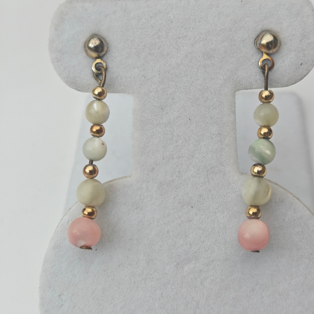 Pastel Glass Beaded Drop Dangle Earrings Gold Tone Pink Green Cat Eye Iridescent